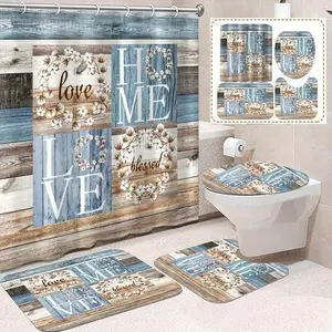 1/3/4PCS Blue Brown Wood Board HOME Pattern Shower Curtain, Polyester Curtain With 12 Hooks, Floral Print Decorative Bathroom Set, Bathroom Rug, U-Shaped Mat, Toilet Seat Cover Mat, Bathroom Accessories