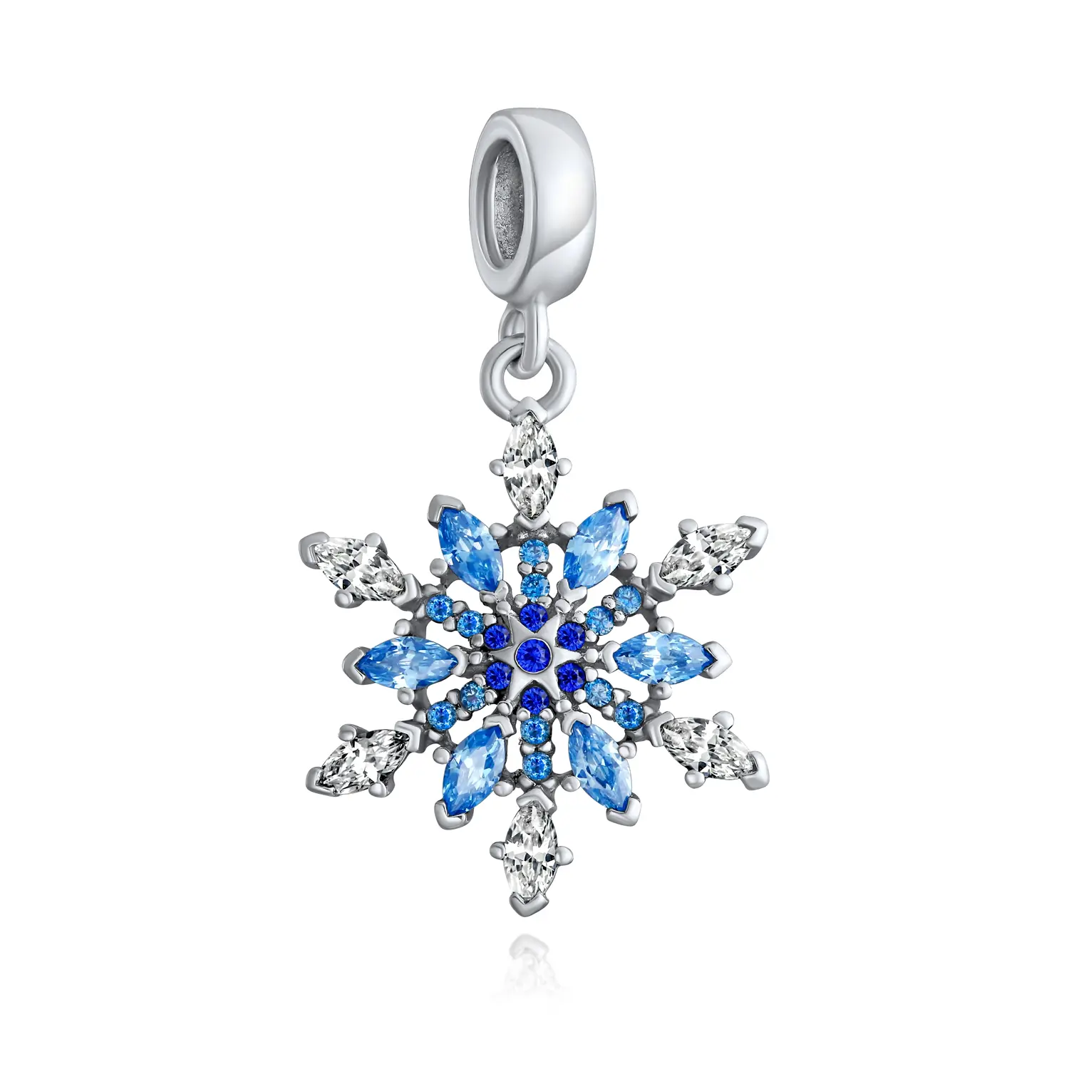 Sterling Silver Frozen Winter Christmas Ice Blue Crystal Snowflake Dangling Bead CZ Charm for Bracelet