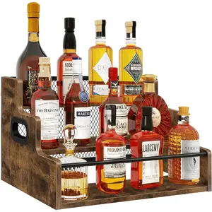 Homode Liquor Bottle Display Shelf, 3 Step Coffee Syrup Rack Organizer, Countertop Liquor Wine Rack, Mini bar, Liquor Cabinet, Home Retro Bar Shelf Stand for Whiskey Alcohol Drink
