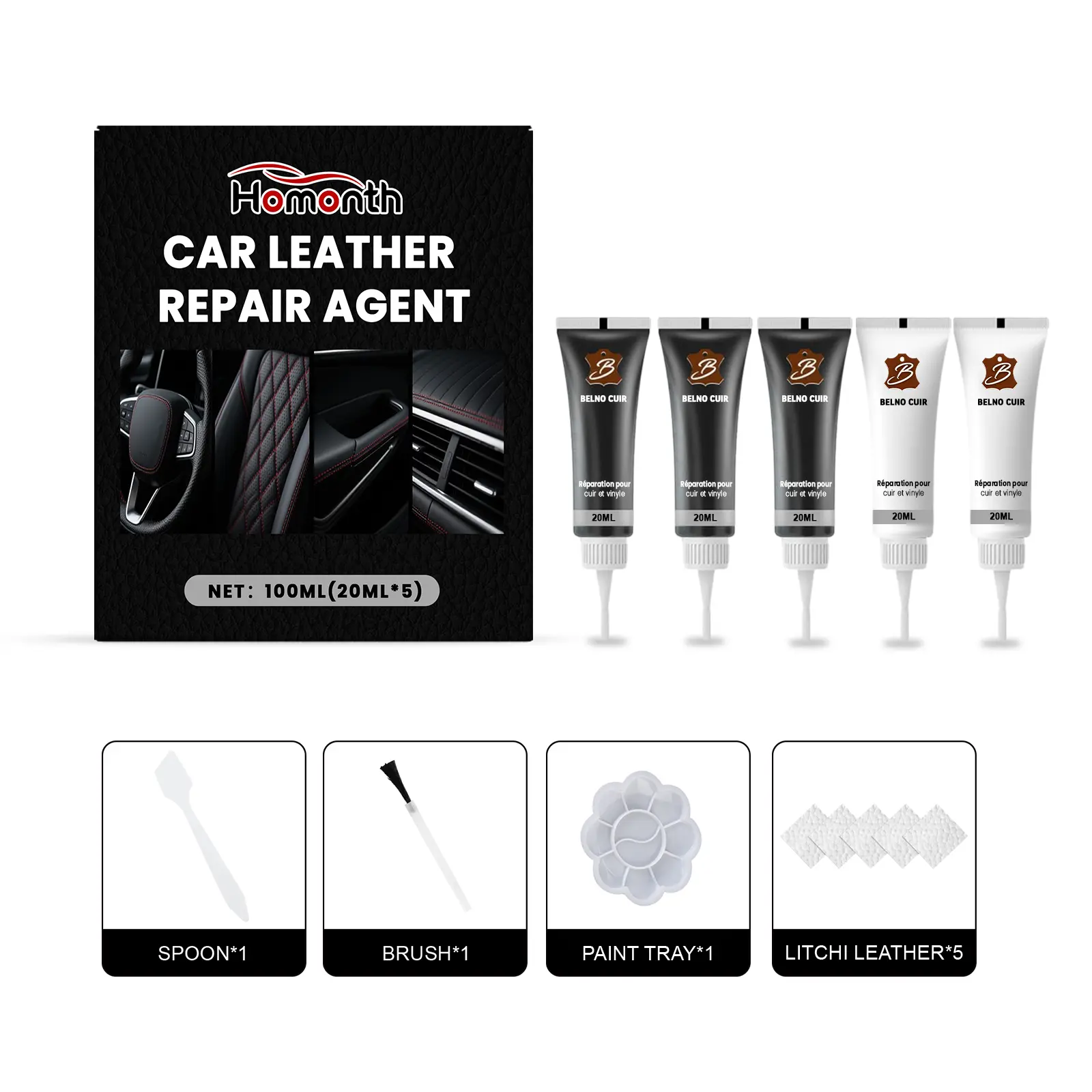 Homonth Leather Repair Kit for Car Seats – Leather Scratch Repair, Color Restorer & Upholstery Scratch Cover for Automotive Interior Care