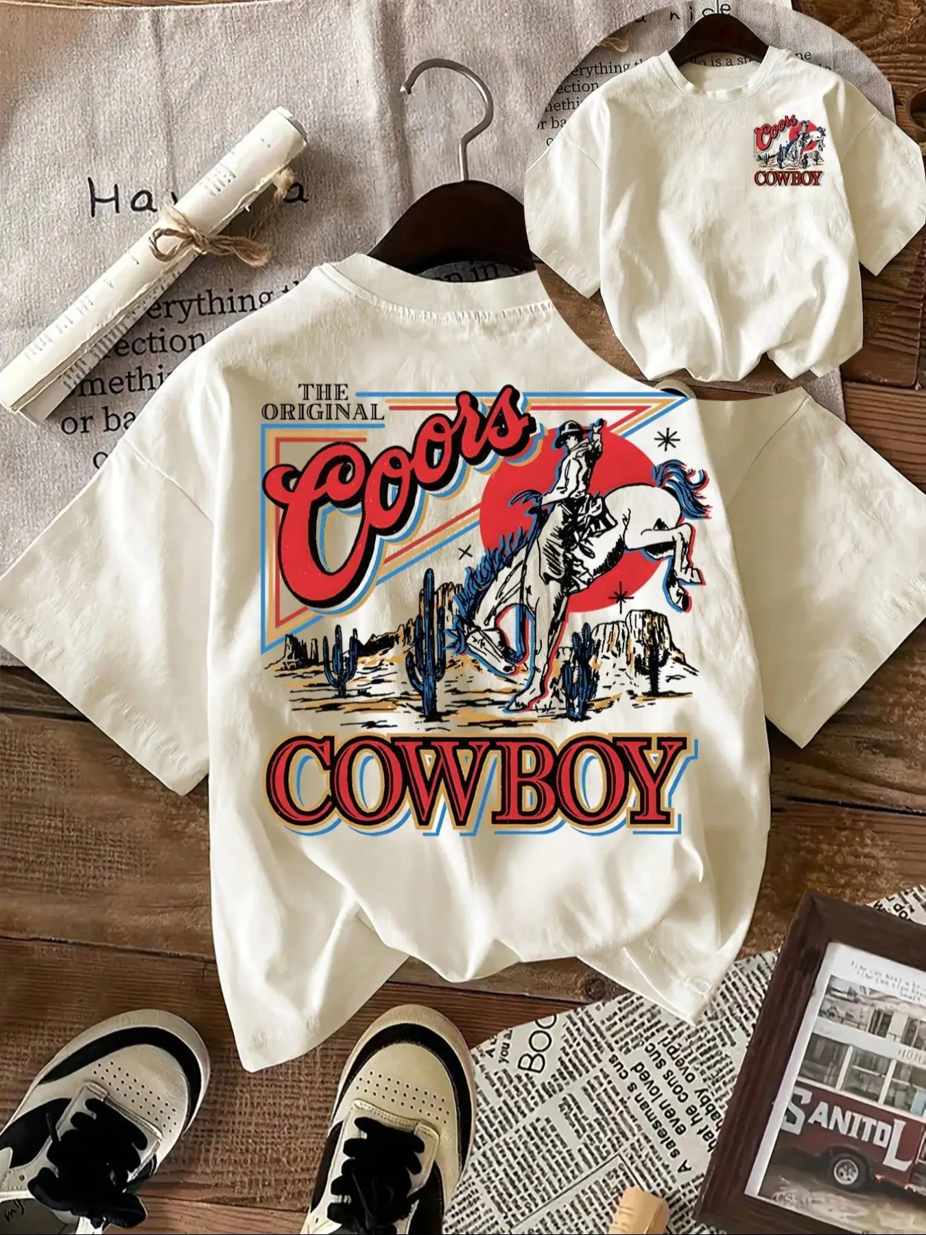 Women's Vintage Cowboy & Letter Print Round Neck Tee, Casual Short Sleeve T-shirt for Daily Wear, Ladies Summer Outfit, Top