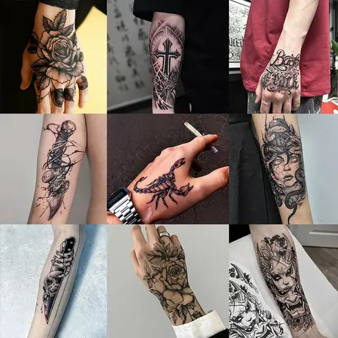 SOUDEEIMP 9 Large Herbal-Themed Temporary Tattoo Stickers - Adhesive Film Body Art with Cross Motifs, Waterproof, Abrasion-Resistant, Realistic, 7-15 Days Long-Lasting, for Pain-Averse People, Combination Skin, Multiple Sets Available