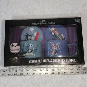 Skellington  Ceramic Coffee Mug Set Stackable Mugs and Coasters Bundle  Reusable Drinkware Washable