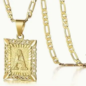 Initial Letter Pendant Necklace for Men Women, 14K Gold Plated Square Capital Monogram Necklace Alphabets from A-Z Figaro Chain Jewelry