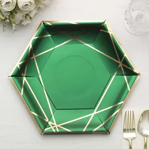 25-Pack Paper Hexagon Dinner Plates 9" Hunter Emerald Green with Gold Geometric Lines & Rim - 300GSM Disposable Geometric Party Plates