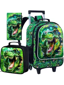 3Pcs Cool T-Rex Dinosaur Rolling Backpack Set for Boys - 3D Breakthrough Dino Print Wheeled School Bag with Lunch Bag & Pencil Pouch - Perfect for Dinosaur-Loving Kids & School Days