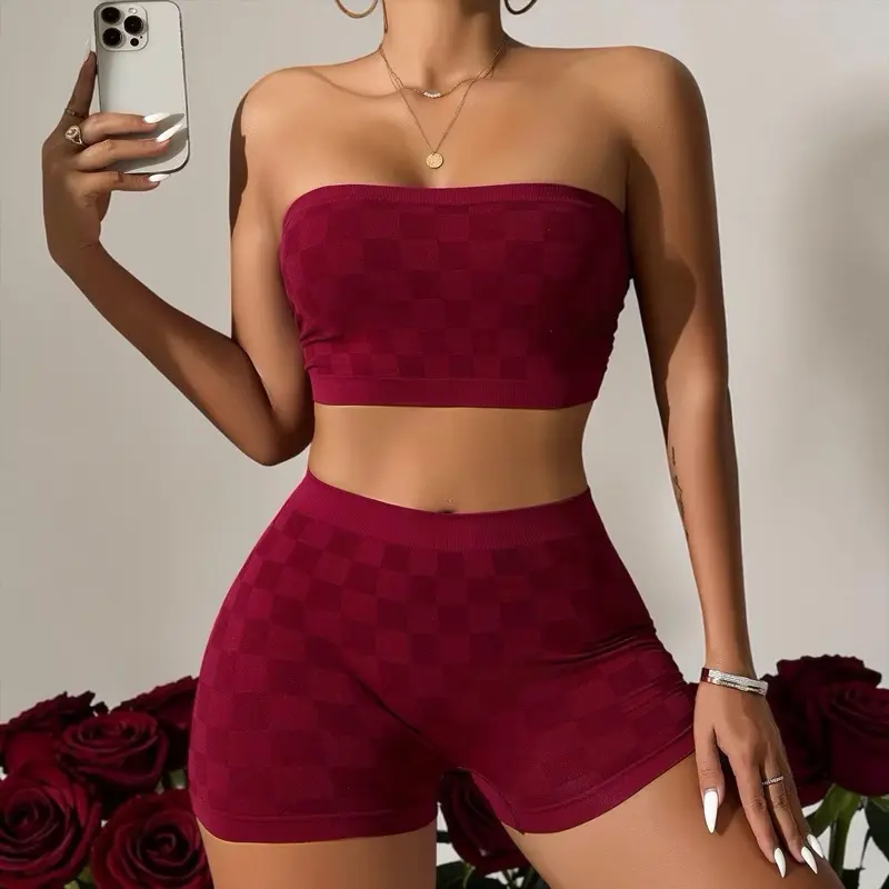 Seamless Checkered Bandeau Crop Top & High-Waist Biker Shorts 2-Piece Set