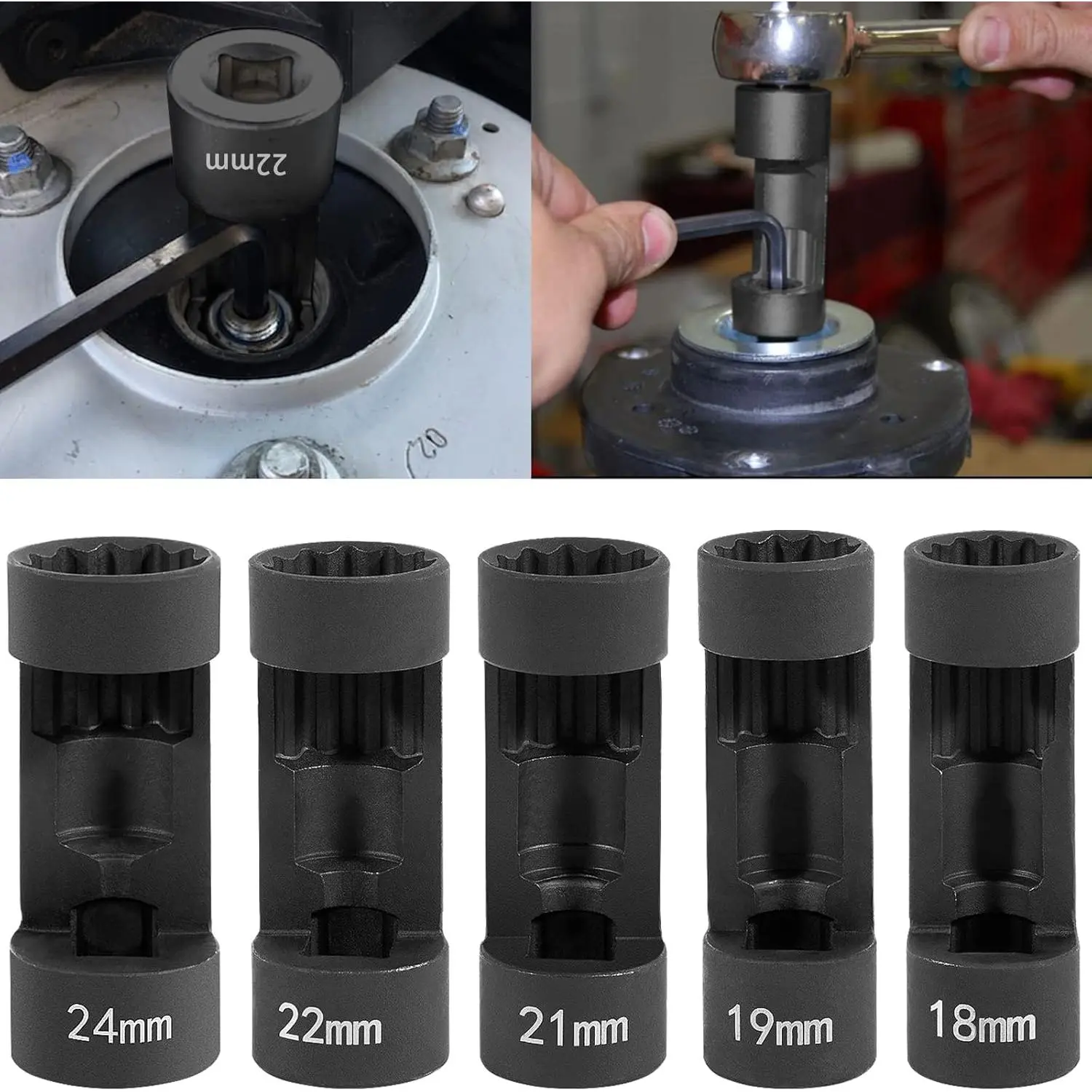 5 count Strut Nut Socket 18mm 19mm 21mm 22mm 24mm with 12 Point 1/2" Drive, Suspension Strut Nut Socket Tool Easy Remove Strut Nuts