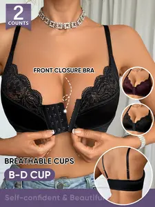 Morelect Lace Push-Up Bra Set, B-D Cup, Front Buckle Design, Breathable & Comfortable, Medium Support, Unlined, All Seasons
