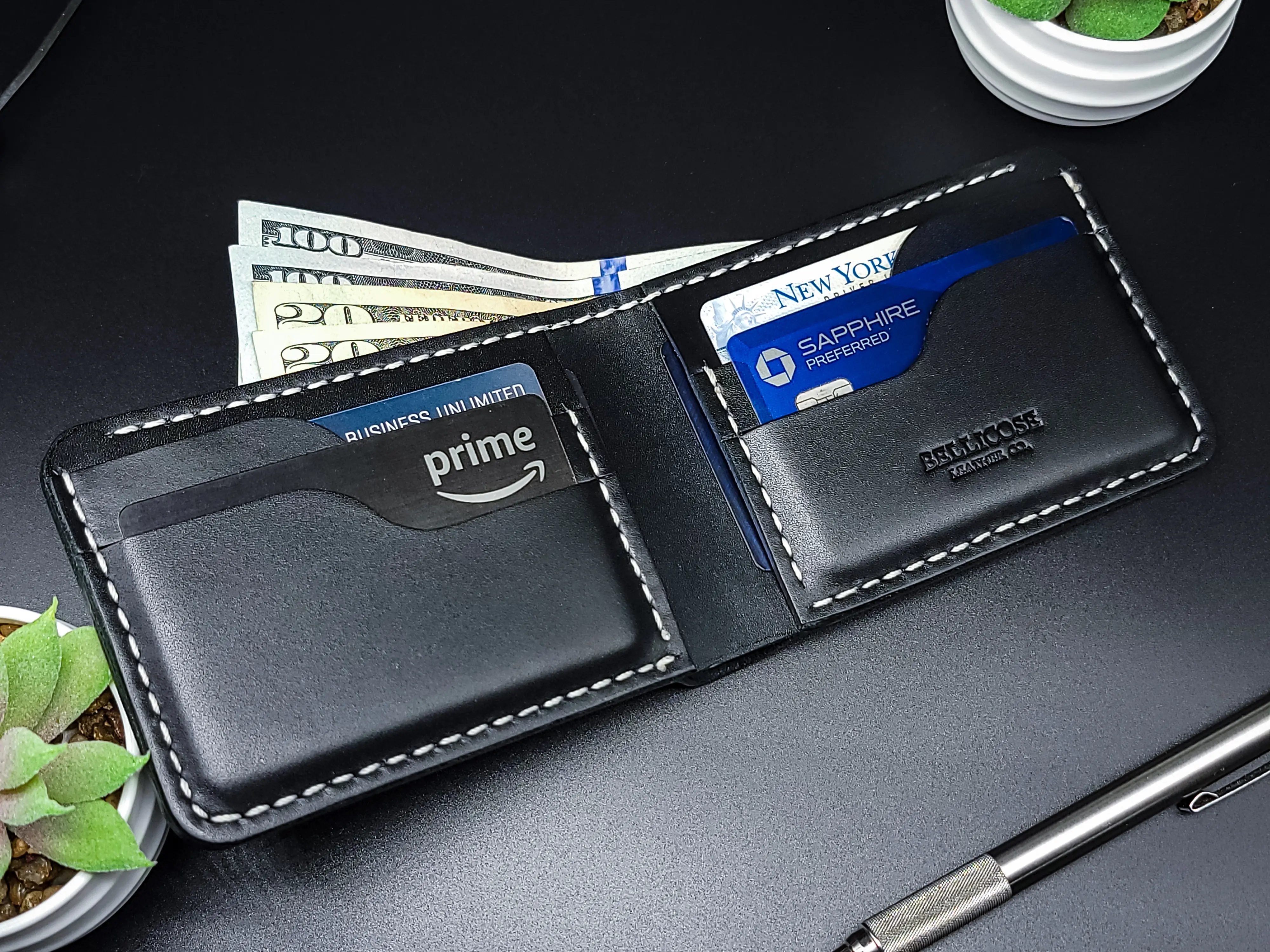 Bellicose Men's Bifold Wallet, Handcrafted Black Full Grain Leather White Thread Stitching, Includes RFID Blocker Card, Gift for Him, Mens Gift Wallet