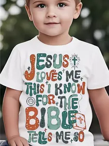 Boys' Christian Graphic T-Shirt - "Jesus Loves Me" Short Sleeve Tee with Colorful Lettering & Religious Symbols, 100% Cotton Round Neck Casual Top for Youngsters, Spring Summer Fall Outdoor Play, Outdoor Youngsters's Tee | Vibrant Lettering Shirt | S