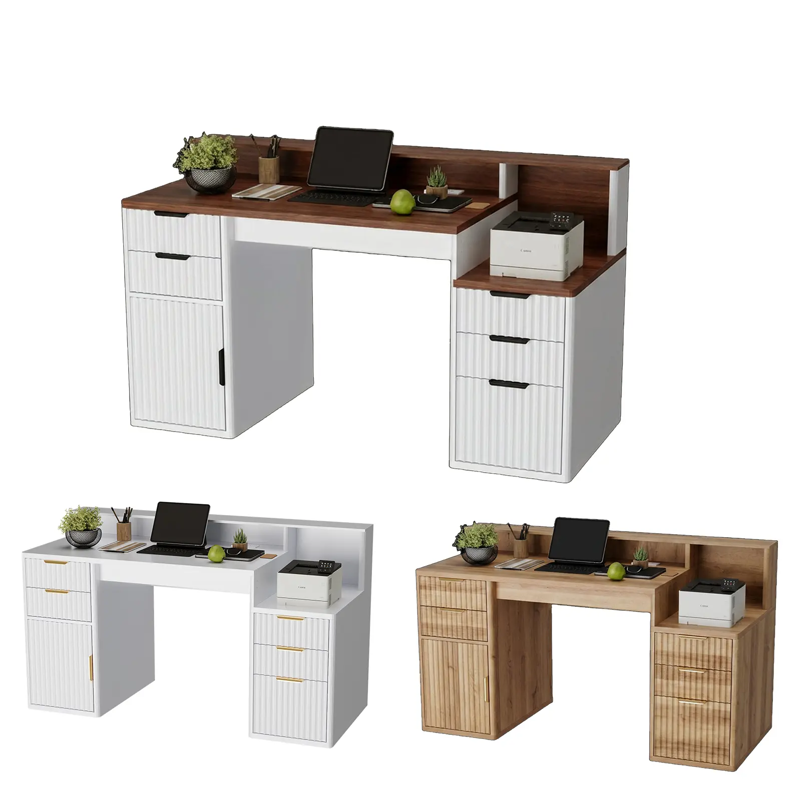 Garvee Upgraded Space-Saving Computer Desk with Hutch and Printer Stand, Fluted Design & Rectangular Workstation, Sturdy Board, Easy Assembly, Brown-White Color Block, for Home Office and Study