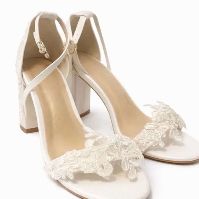 Elegant Lace Bridal Heels – Ivory Block Heel Sandals for Weddings