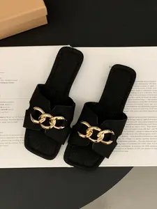 Women's Chain Decorated Flat Sandals, Classic Pattern Design, Comfortable Soft Sole, Summer Casual Outdoor Wear, Luxurious Look