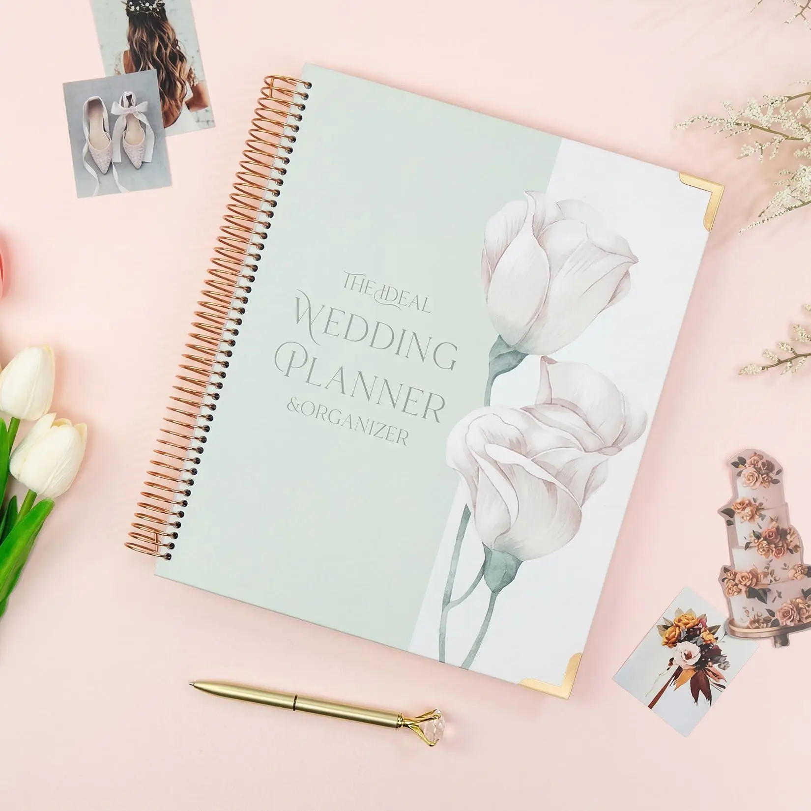 A4 Floral Wedding Planner Notebook, 88 Pages, Gold Spiral Bound | Bridal Journal with Budget, Guest List, Timeline, Checklist, High Quality 100gsm Paper, Large Tulip Theme, Engagement Gift