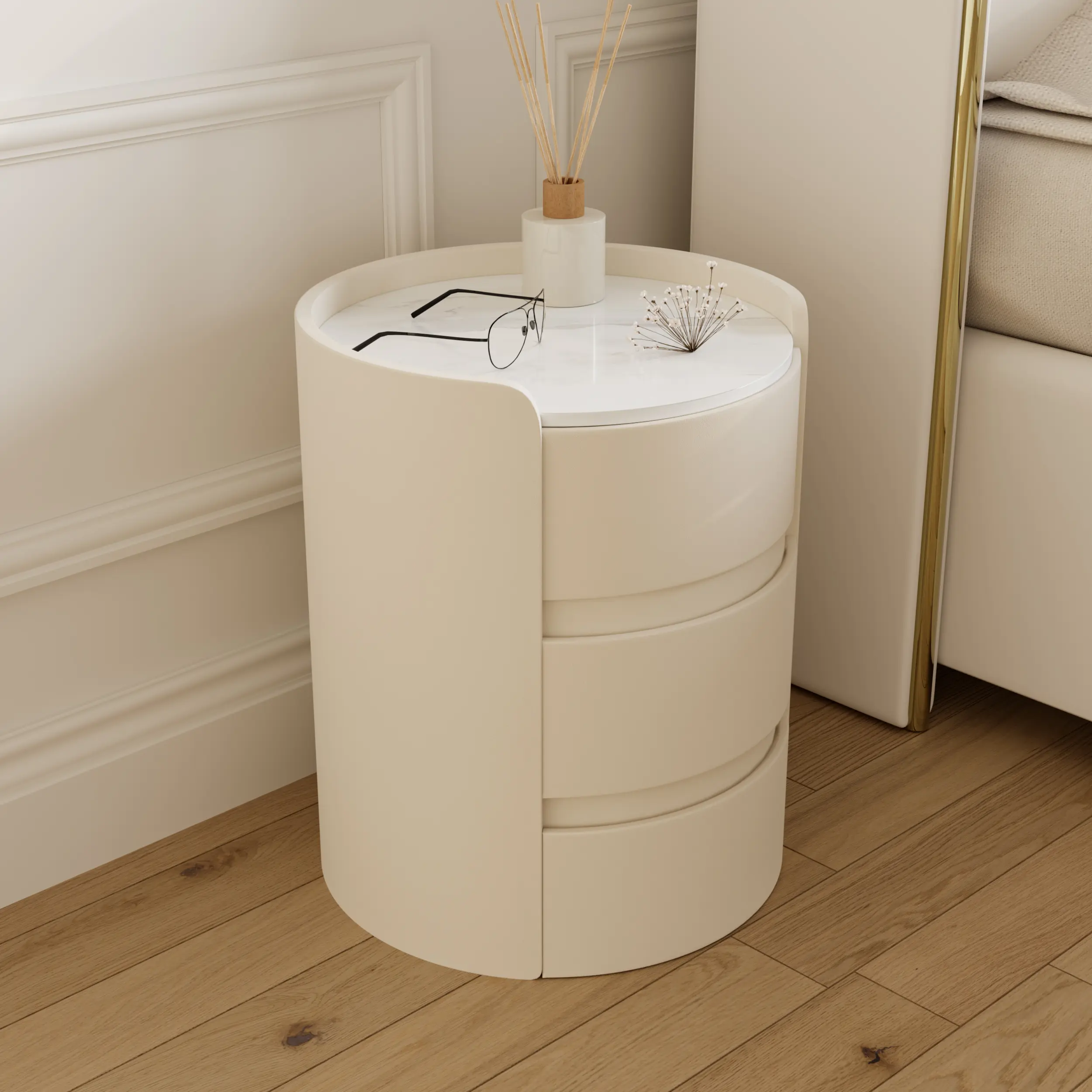Homary Sintered Stone Top Leather Narrow Nightstand - 3-Drawer Compact Design for Modern Bedroom, 16x16x20in, 29.8lbs/66.1lbs Options, 7.9w x 9.4h x 3.3d Drawer Dimensions, Room Decor for Minimalist Decluttering & Clean Aesthetic, Drawers