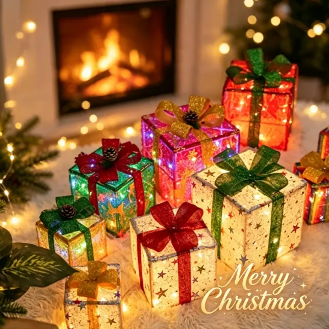 3-Piece LED Christmas Gift Box Light Set - Indoor Festive Decorations, Ambient Home Ornaments for Warm Atmosphere Styling