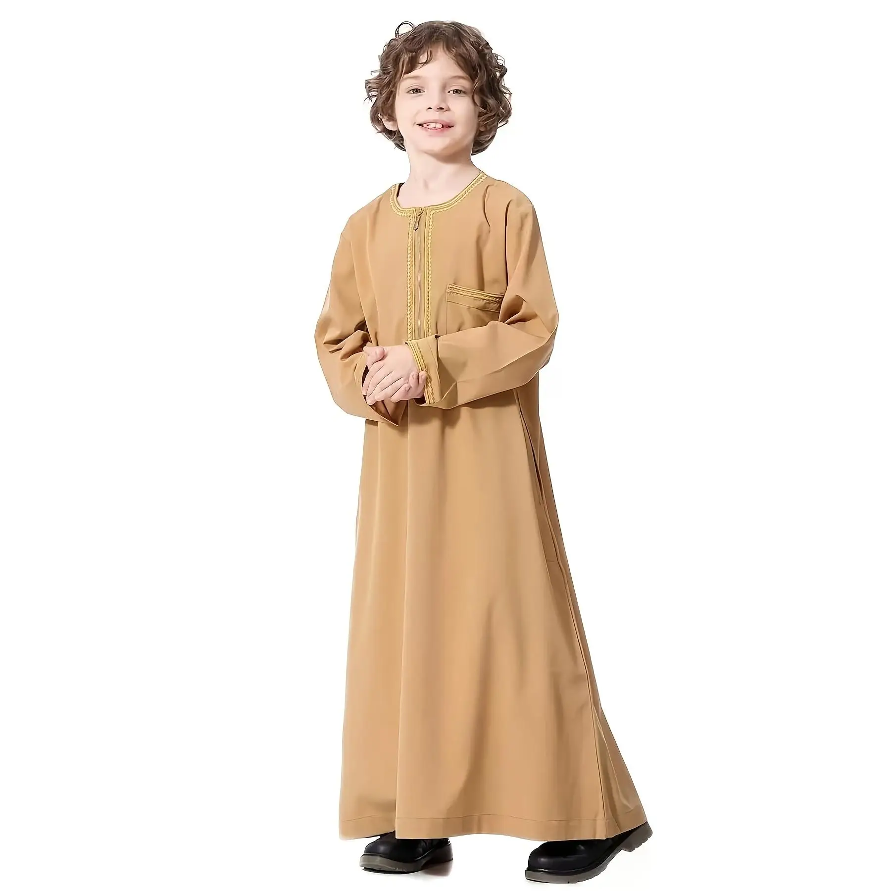 Boys' Casual Middle Eastern Traditional Attire - Long Sleeve Kandora with Pocket, Soft Polyester Fabric, Beige, Loose Fit for Spring/Summer/Fall, Cult