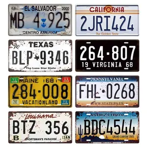 Vintage License Plate Pattern Metal Sign, Vintage Garage Signs, 8 Counts/set Wall Hanging Tin Plate, Retro Art Decor Plaque for Home Living Room Dining Room Office Garage Man Cave