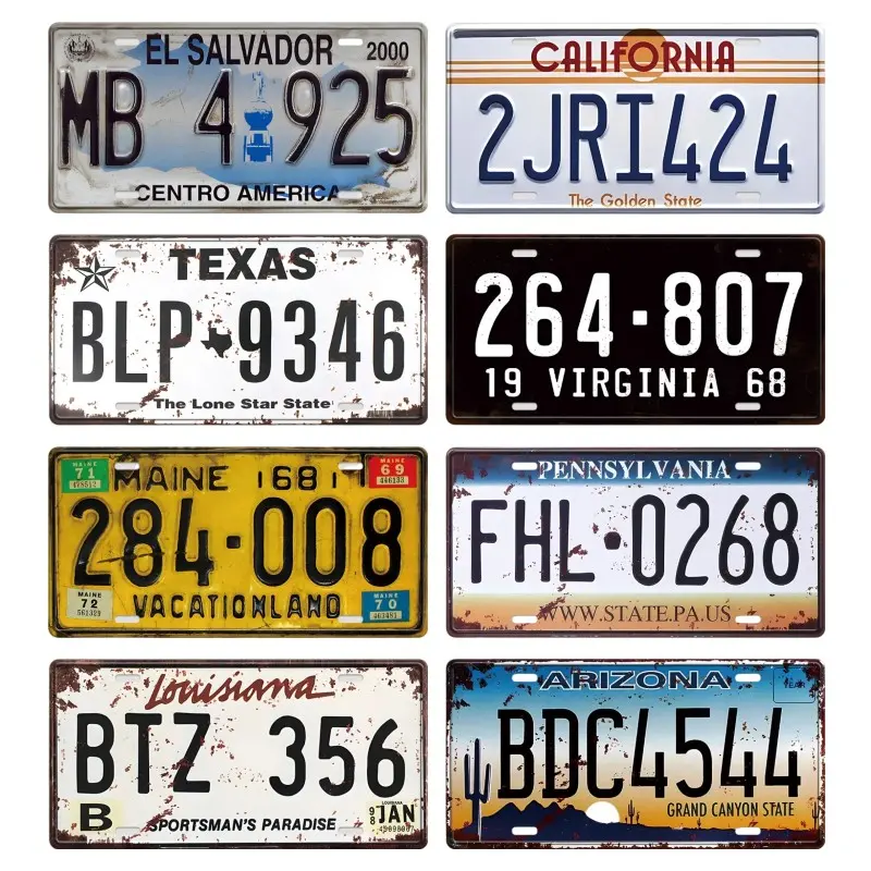 Vintage License Plate Pattern Metal Sign, Vintage Garage Signs, 8 Counts/set Wall Hanging Tin Plate, Retro Art Decorative Plaque for Home Living Room Dining Room Office Garage Man Cave