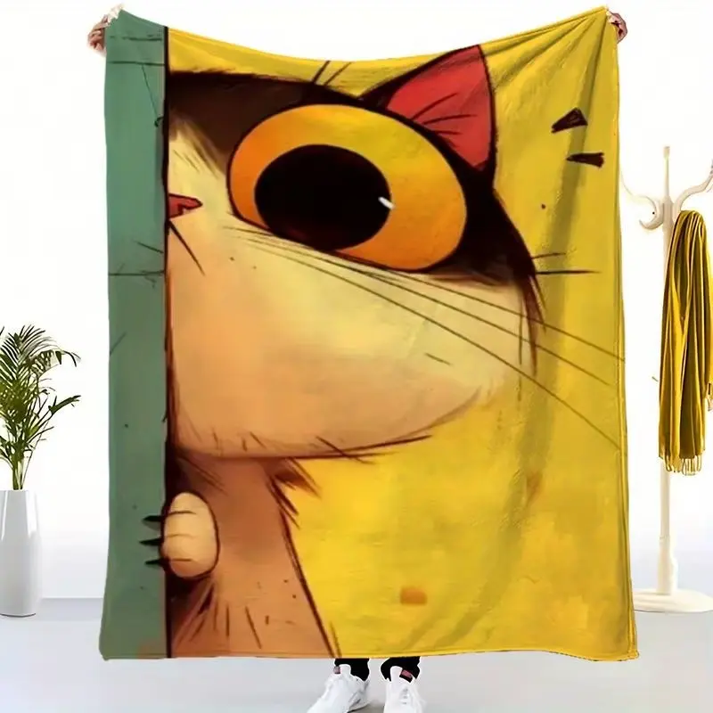 1pc Super King Size Soft Flannel Cat Blanket - Thick Plush Textile Animal Theme Bedspread with Tabby Print, Ginger Tabby Cat Face, Mustard Color summerwins