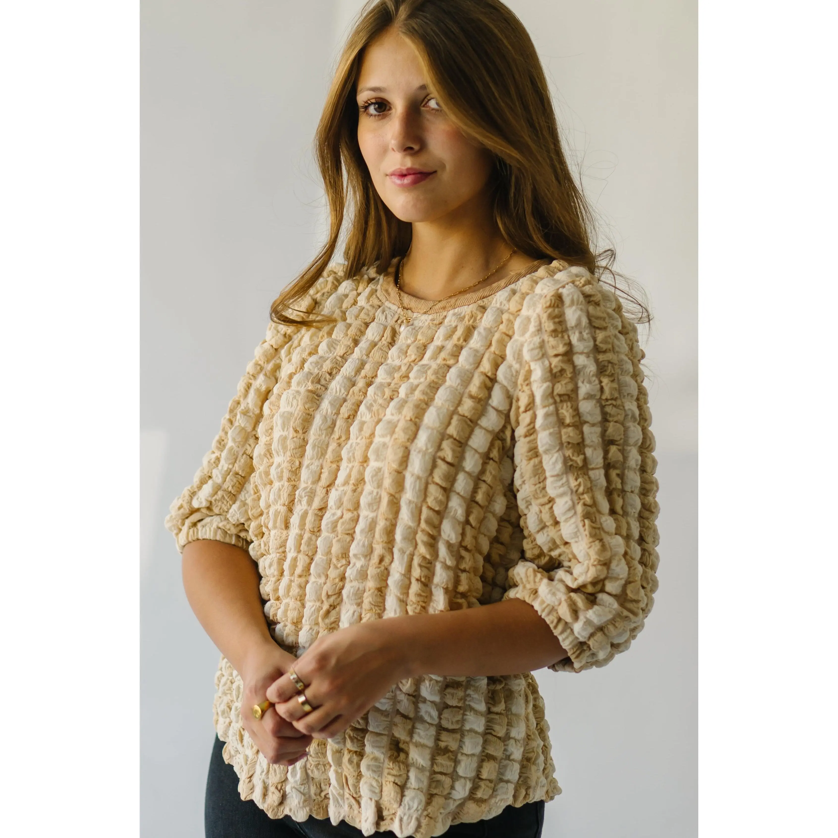 The Elkton Textured Blouse in Beige Multi