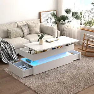 [SOIYELIFE] Modern White 3-Tier Foldable Coffee Table with Storage Drawers, Space-Saving Design for Living Room, Bedroom, or Small Apartments, Durable and Stylish Furniture