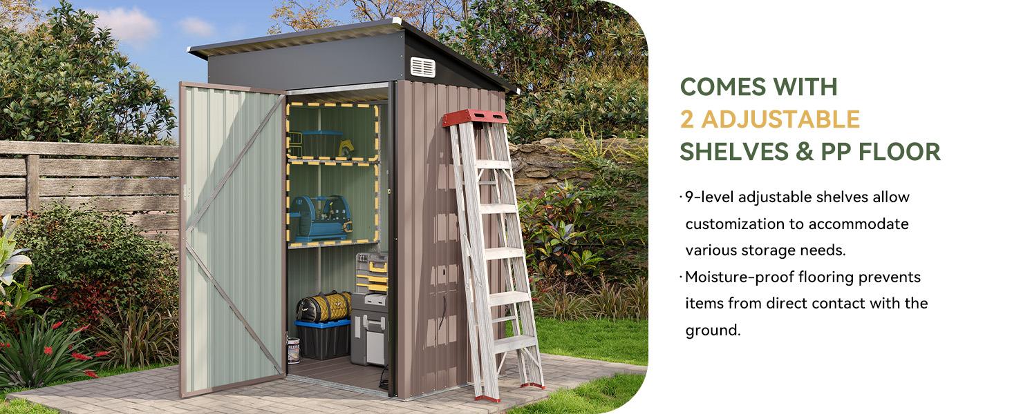 Aoxun 5x3 Waterproof Metal Outdoor Storage Shed, Lockable Doors, Adjustable Shelves, Floor Base, Sloping Roof, 54.33"w x 72.82"h x 29.1"d for Patio, Backyard, Water Resistant Aoxun 5x3 Waterproof Metal Outdoor Storage Shed, Lockable Doors, Adjustable Shelves, Floor Base, Sloping Roof, 54.33"w x 72.82"h x 29.1"d for Patio, Backyard, Water Resistant