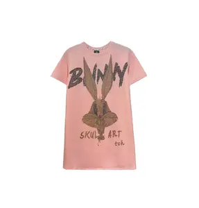 TCH—Light Luxury，Unisex Outfit, New Arrival Rhinestone Design Bunny Pink T Shirt Dress