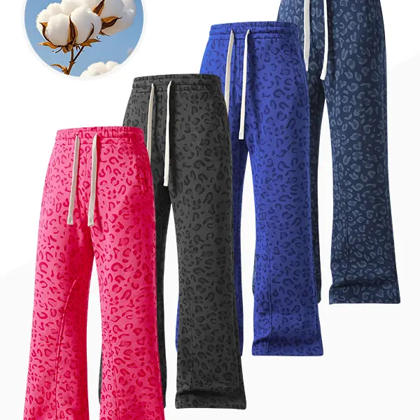 Unisex leopard print flared pants for men and women, drawstring waist, wide-leg casual street pants