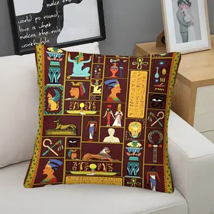 Ancient Egyptian Iconography Throw Pillow with Digital Print, 45cm Square with Inner Cushion, Featuring Deities and Symbolic Motifs in Vibrant Teal & Gold, Ideal Decorative Accent for Living Room & Bedroom, Unique Cultural Home Décor