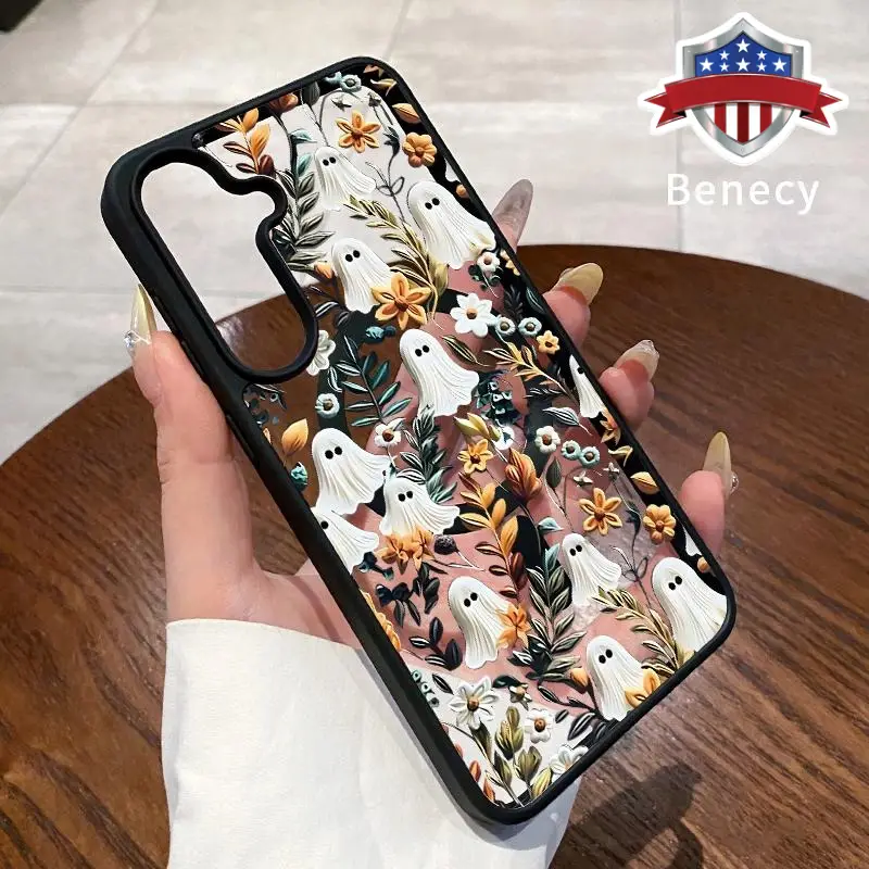 Magnetic Phone Case Supports Wireless Charging Compatible with Galaxy S23 Ultra S24 Plus FE S25 S22+ Halloween Spooky Garden Pattern Anti-Yellowing S