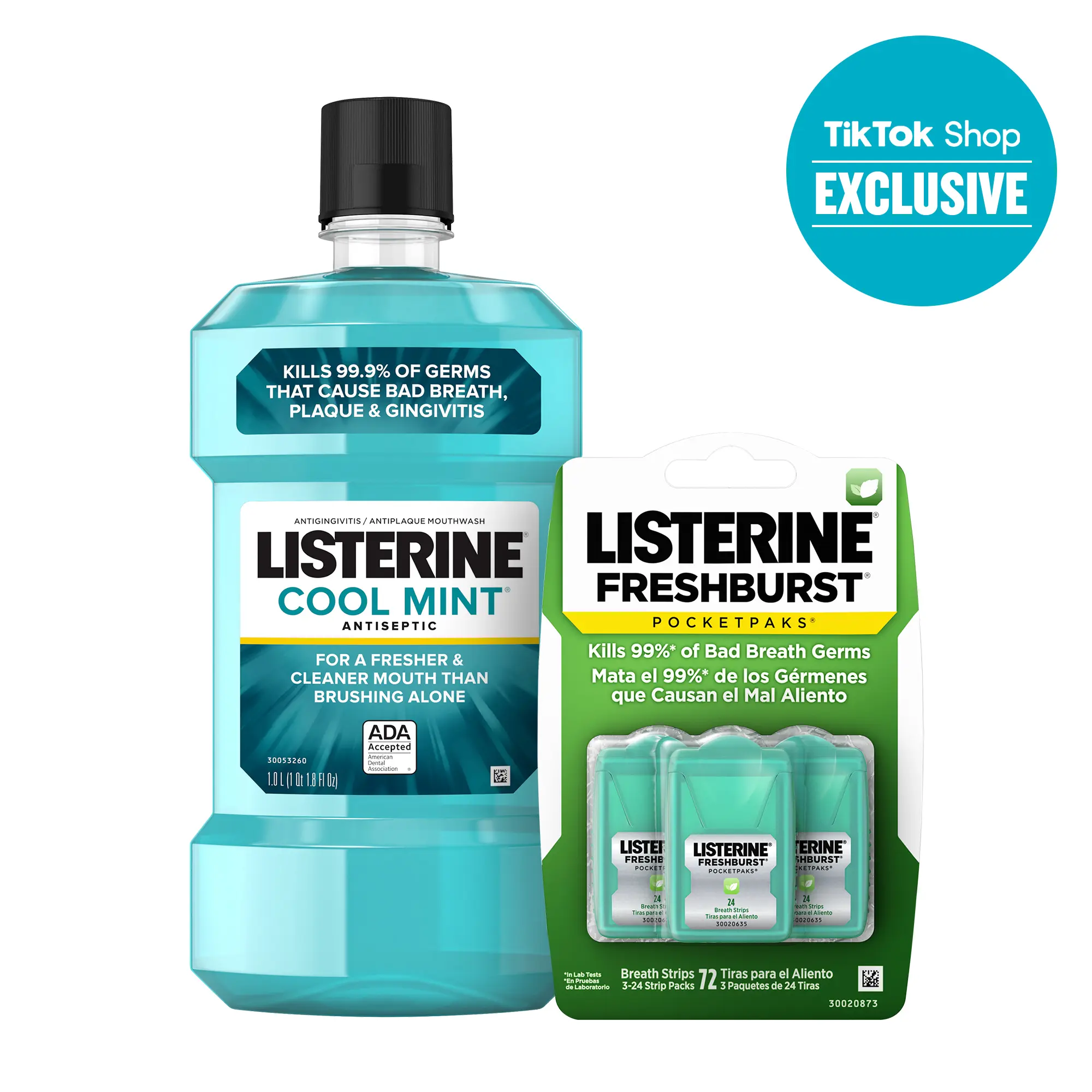 Listerine TikTok Shop Duo Pack, Cool Mint Mouthwash 1L & PocketPaks Fresh Breath Strips (Available in Freshburst and Cool Mint Flavors)