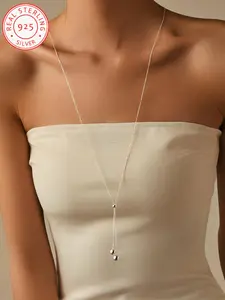 925 Silver Color Long Necklace with Minimalist Round Pendant, Adjustable Tassel for Versatile Styles, Perfect as Sweater or Back Chain