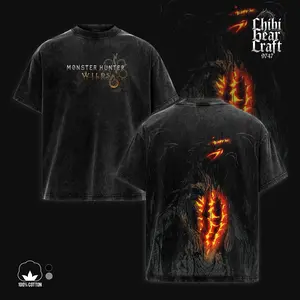 Monster Hunter Wilds Gogmazios Vintage Washed Oversized T-Shirt & Hoodie | Retro Gaming Elder Dragon Faded Graphic Tee | Acid Wash Dark Streetwear Merch Apparel For Gamer Fans