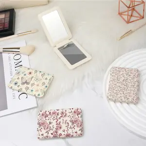 Garden Series Portable Convenient Folding Full Leather Rectangular Mirror Mini Handheld Makeup Mirror Abi Pastoral Style Butterfly Elegant Flower Pattern Suitable for daily birthdays, various scenes, Thanksgiving, souvenirs for sisters, friends and family