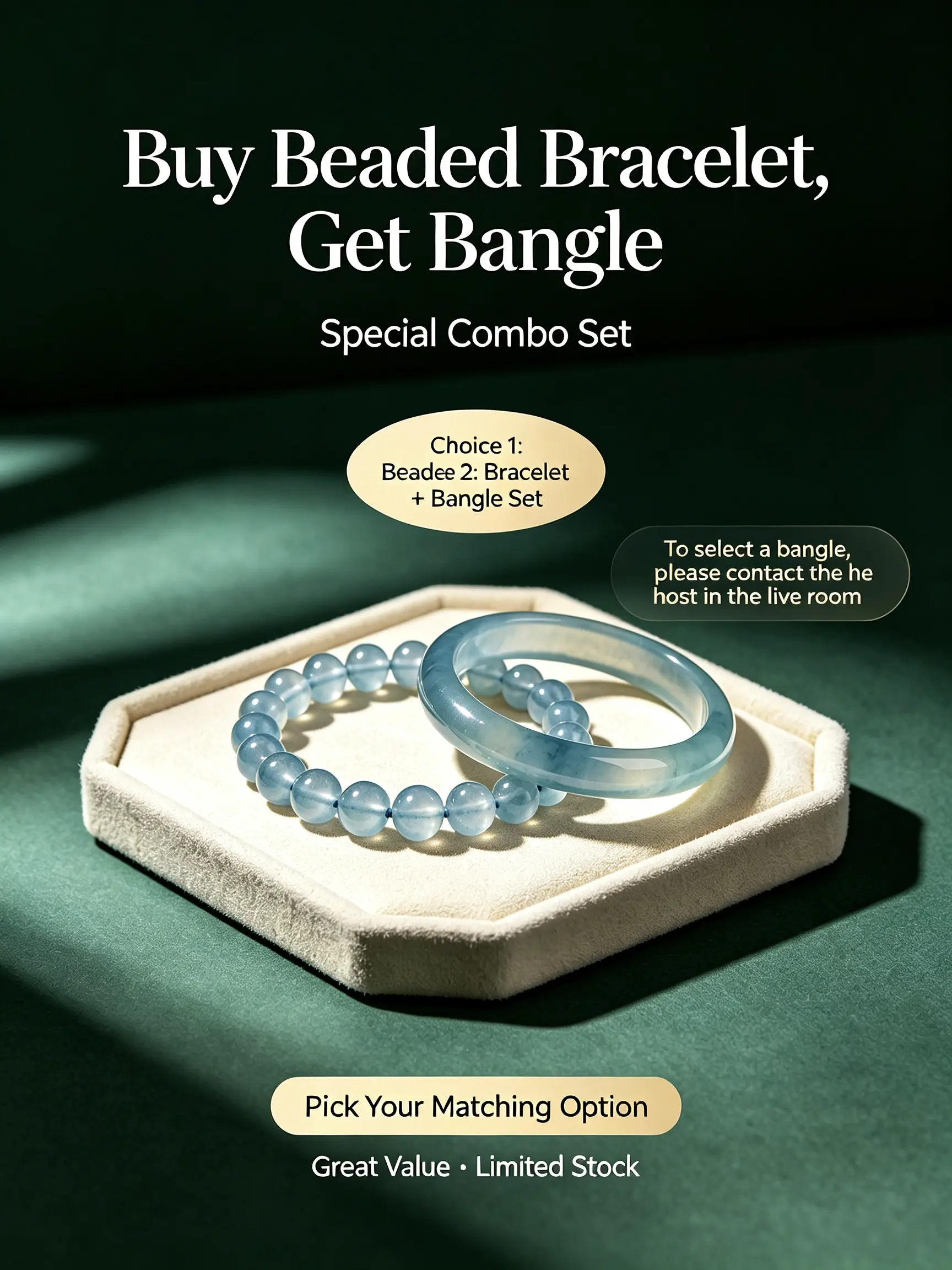 A~Natural Stone Bangle and Beaded Bracelet Combo Set, Buy Bangle Comes With Matching Beaded Bracelet~ genuine jade