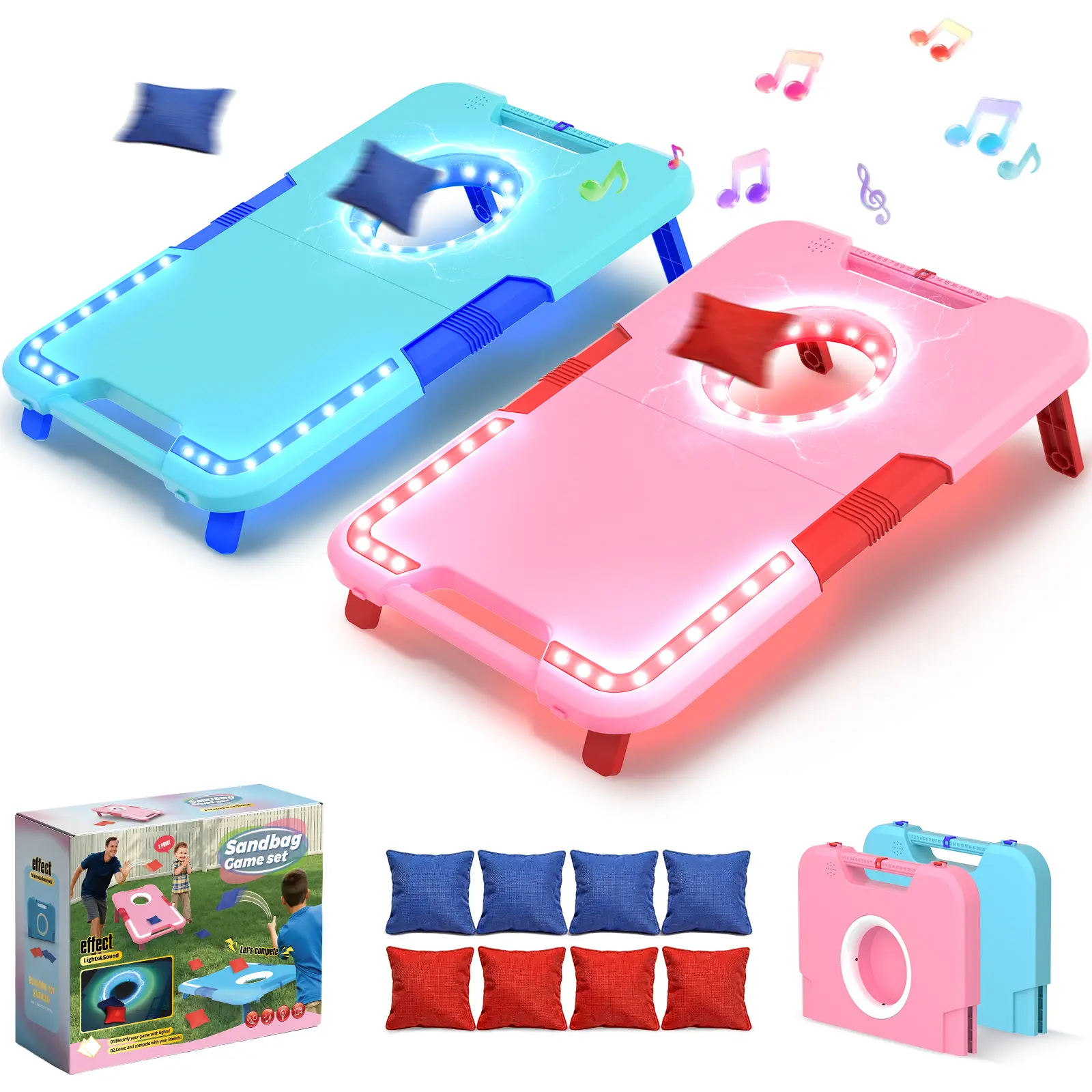 Portable LED Light Cornhole Bean Bag Toss Game Set, Foldable 2FT Boards with Sensor Sound Effect & Built-in Score Counter, 3.1lb Lightweight Outdoor-Indoor Lawn Game for Family Holiday Party Gift (Pink & Blue)