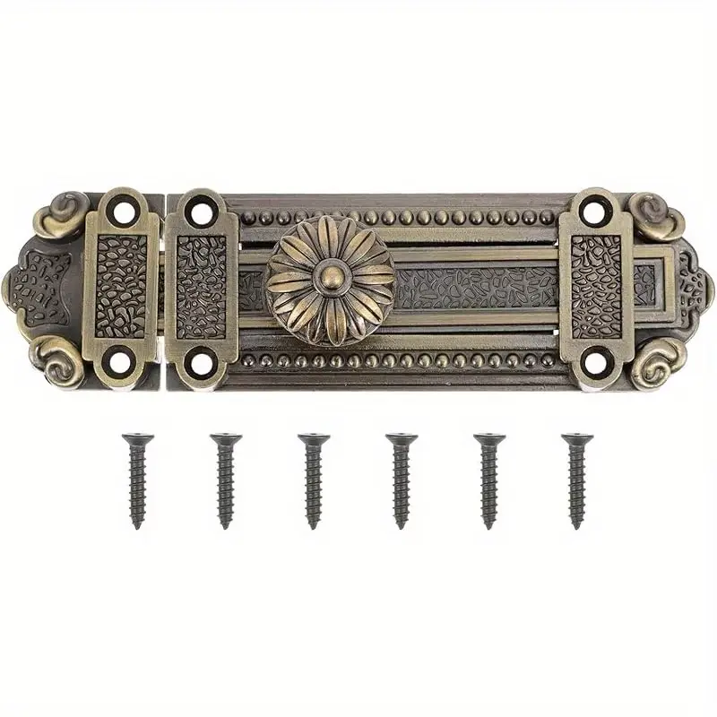 Vintage Heavy-Duty Metal Door Lock and Bolt Set, Sturdy Lock, Floral Pattern Design, Sliding Security Lock for Windows & Doors, Easy Installation, Door Hardware
