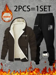 Men's Lamb Fleece Set Hooded Zipper Pocket Flag Print Soft Comfortable Lined Sweatshirt Jacket + Casual Long Pants, Fall & Winter 2-Piece Set