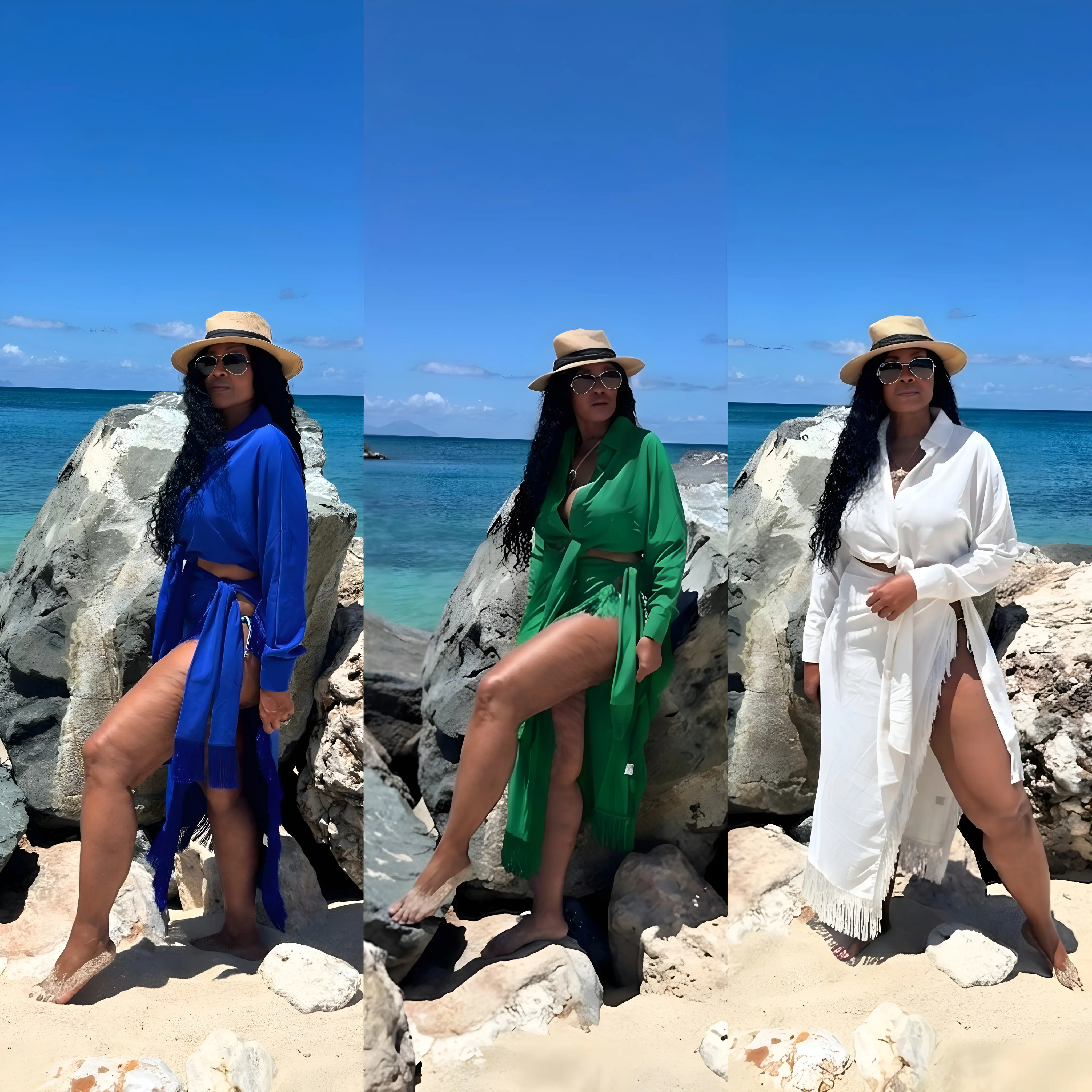 Women's 2-Piece Fringe Button Beachwear Sarong Cover-Up Set - Royal Blue, Caribbean Style for Vacation Cruise OOTD Swimwear Accessory, Summer Sports & Outdoor Swimwear Cover-Up