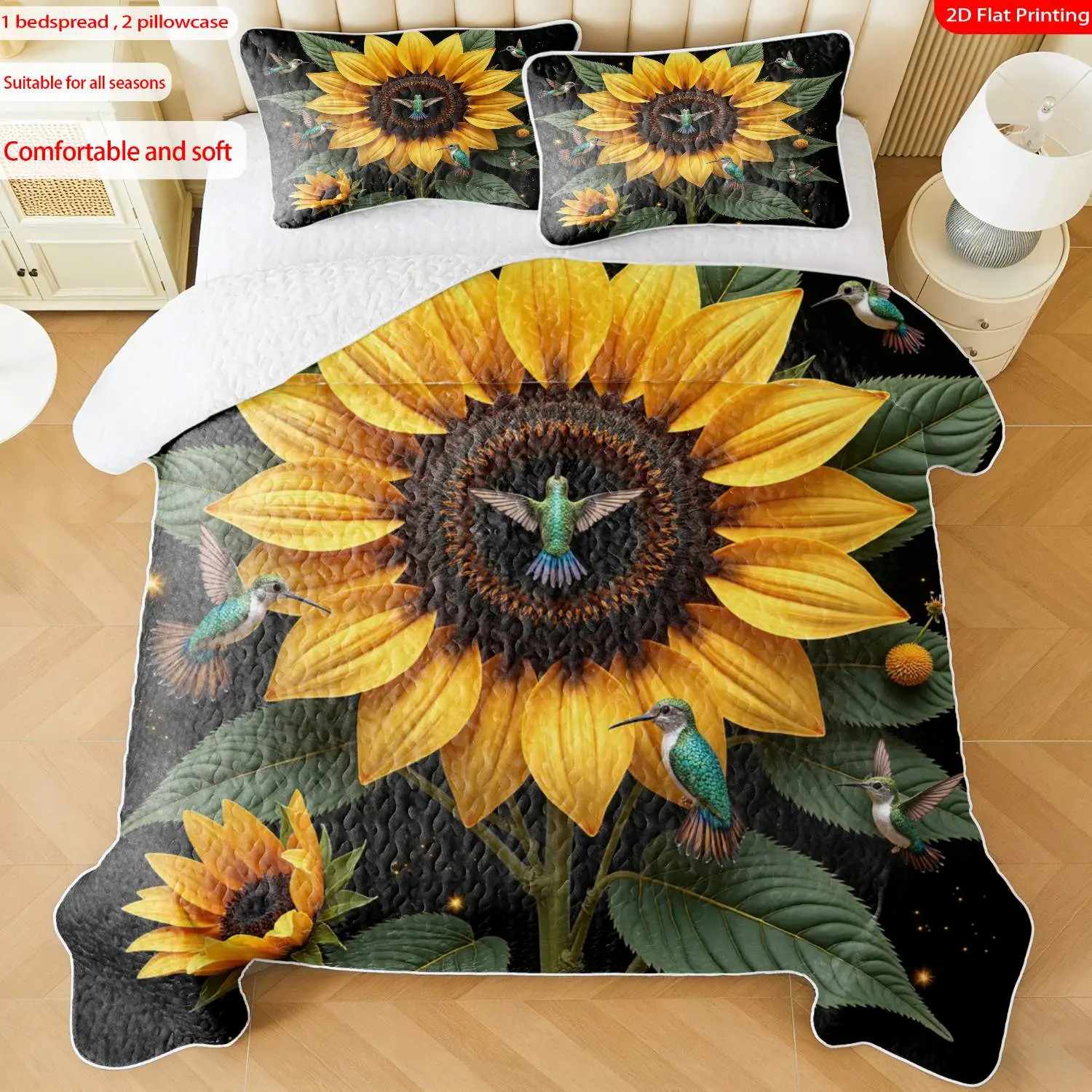 3 pcs, 2D Flat Print Sunflower Hummingbird Nature Theme Bedspread Set, Soft and Comfortable, Multiple Sizes Available, Suitable for Gifting and Daily Use, Ideal for Creating a Cozy Home Atmosphere(1 bedspread , 2 pillowcases)
