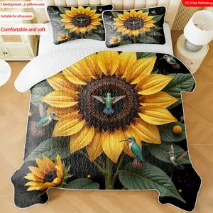 3 pcs, 2D Flat Print Sunflower Hummingbird Nature Theme Bedspread Set, Soft and Comfortable, Multiple Sizes Available, Suitable for Gifting and Daily Use, Ideal for Creating a Cozy Home Atmosphere(1 bedspread , 2 pillowcases)