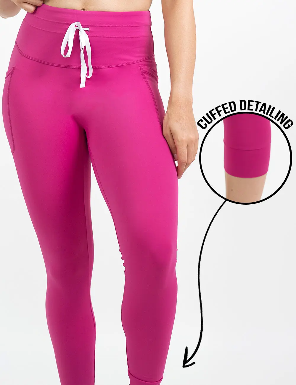 C V G Women's Omni Power Pink Leggings, Sporty High-Waist Nylon Spandex Compression Bottoms with Drawstring and Cuffed Ankles
