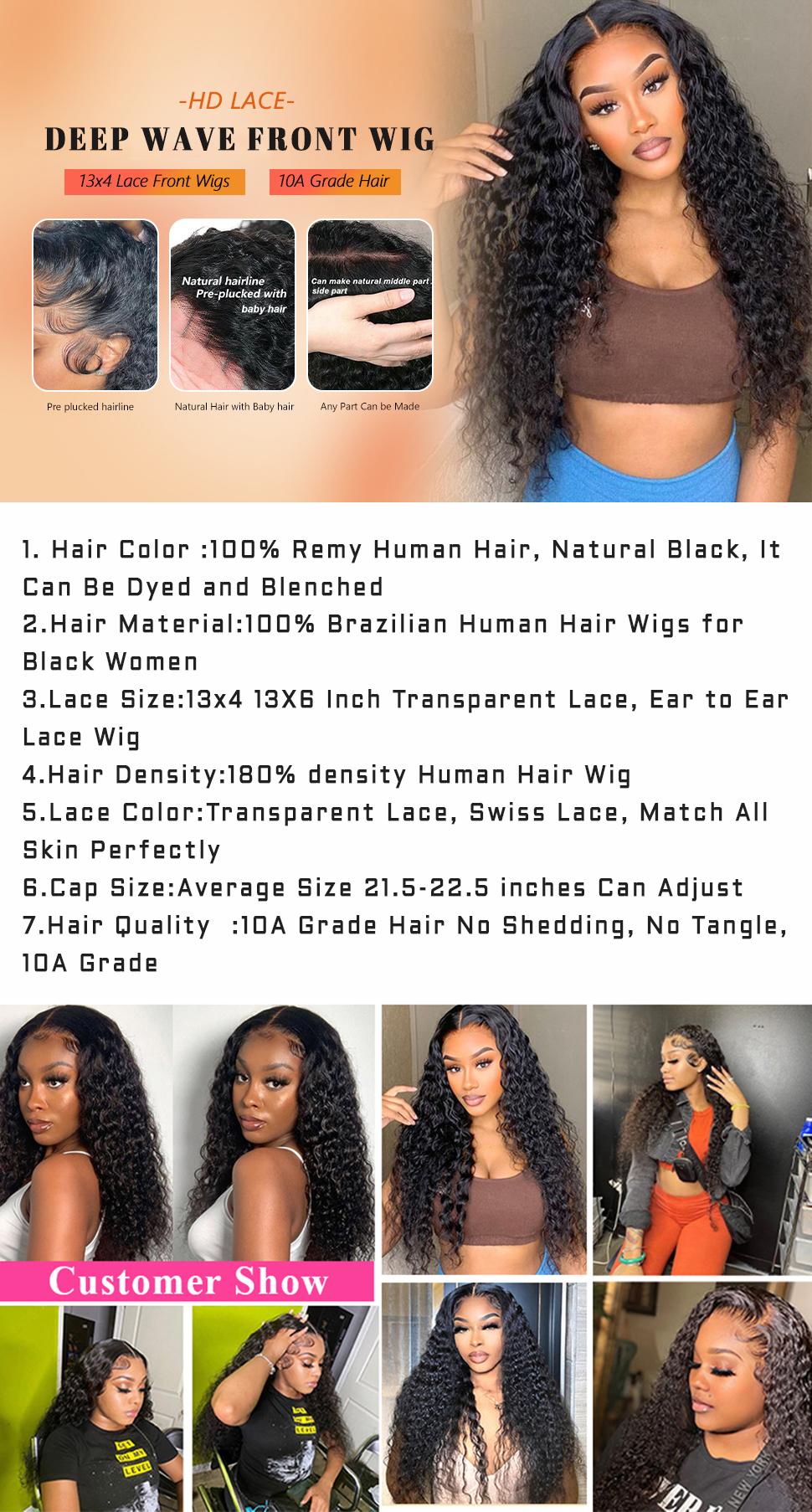 40 38Inch Deep Wave 13x6 Lace Front Wigs Drawstring Glueless Wig Human Hair 180 Density 13x4 HD Lace Frontal Wigs Human Hair Pre Plucked Deep Curly Glueless Wigs Human Hair for Women Natural Black