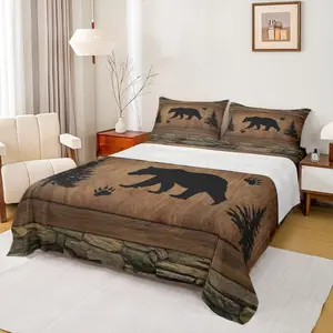 Rustic Bear Sheet Set Wildlife Hunting Theme Bed Sheet Set with Deep Pocket Fitted Sheet + Flat Sheet + Pillowcases Wooden Board Bedding Set for Kids Boys Teens Room Decor