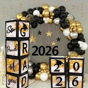 2026 Graduation New Year Decorations Party Supplies, 4 Pieces Black Balloon Boxes for Graduation Party with Letter "GRAD 2026 So Proud of You ", Class of 2026 School Grad Party Decorations
