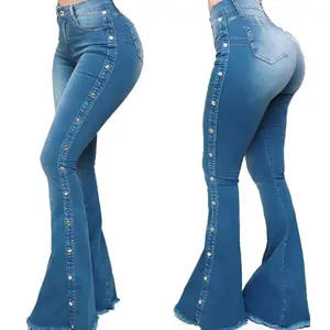 Women’s high-waisted butt-lifting flared jeans with side button placket, stretchy slim fit, frayed hem, floor-length
