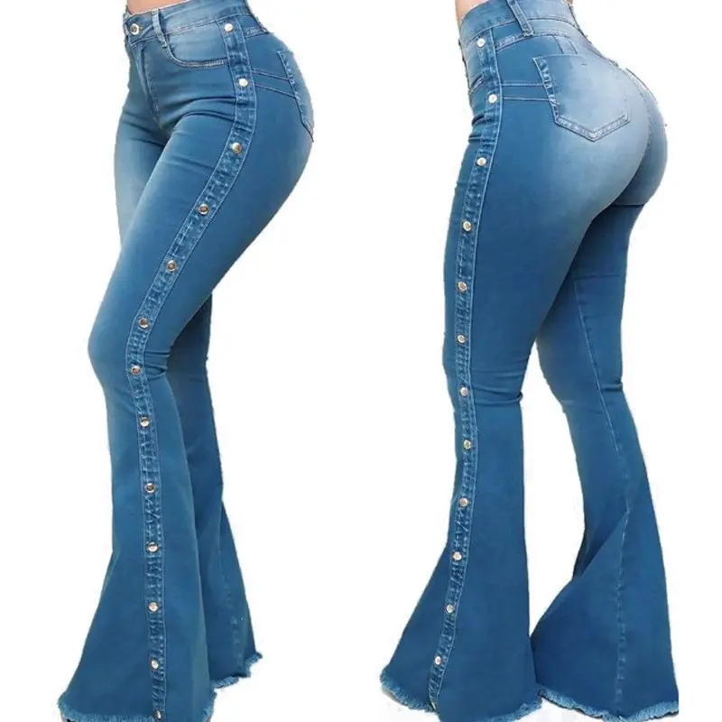Women’s high-waisted butt-lifting flared jeans with side button placket, stretchy slim fit, frayed hem, floor-length
