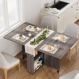 Gaomon Folding Dining Table - Compact Gray Furniture with 6 Wheels, Drawer, Shelves and Storage for Small Spaces